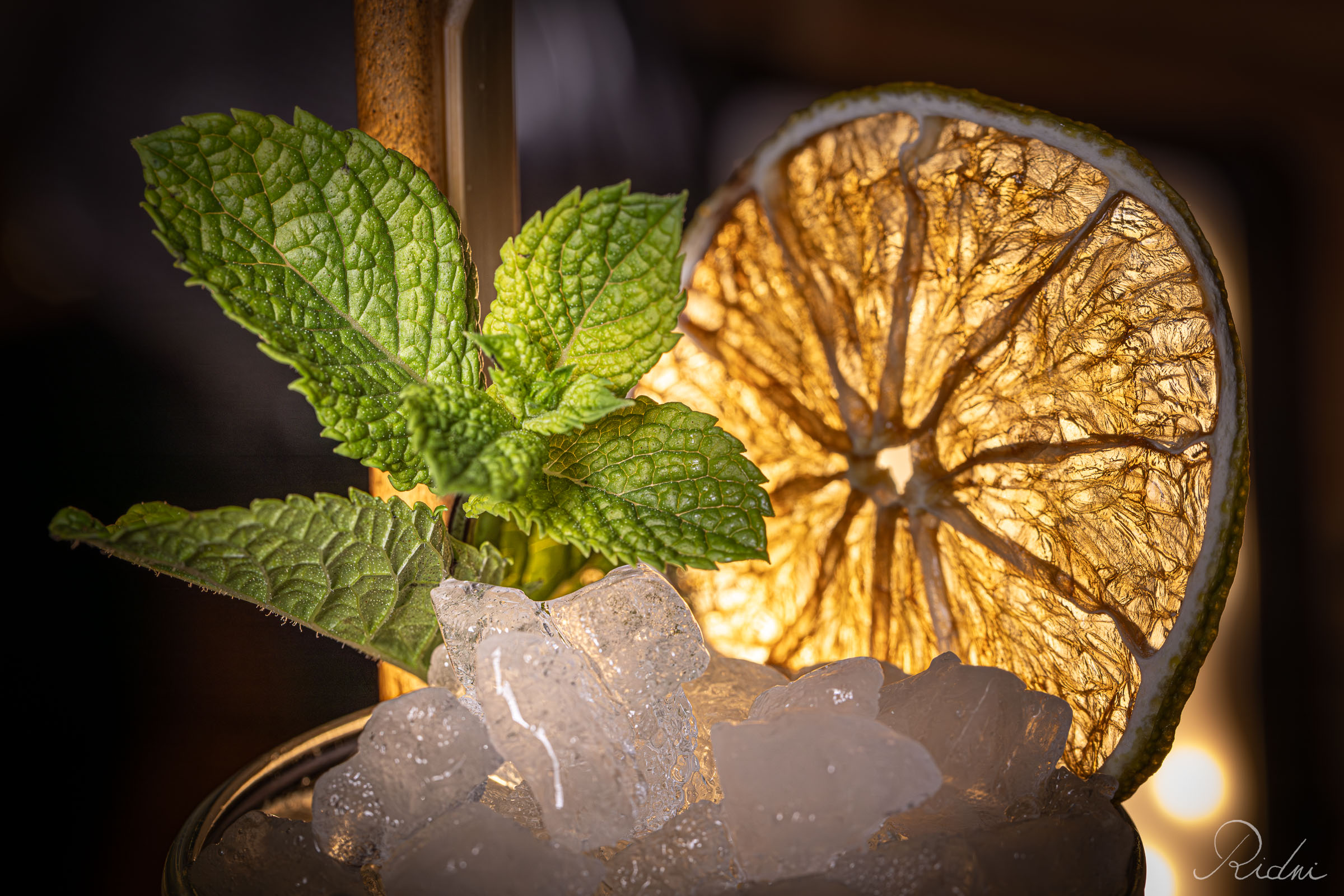 Fresh mint and crushed ice garnish a cocktail at bar Zona in lignano, friuli, with a backlit dried citrus slice highlighting intricate textures.